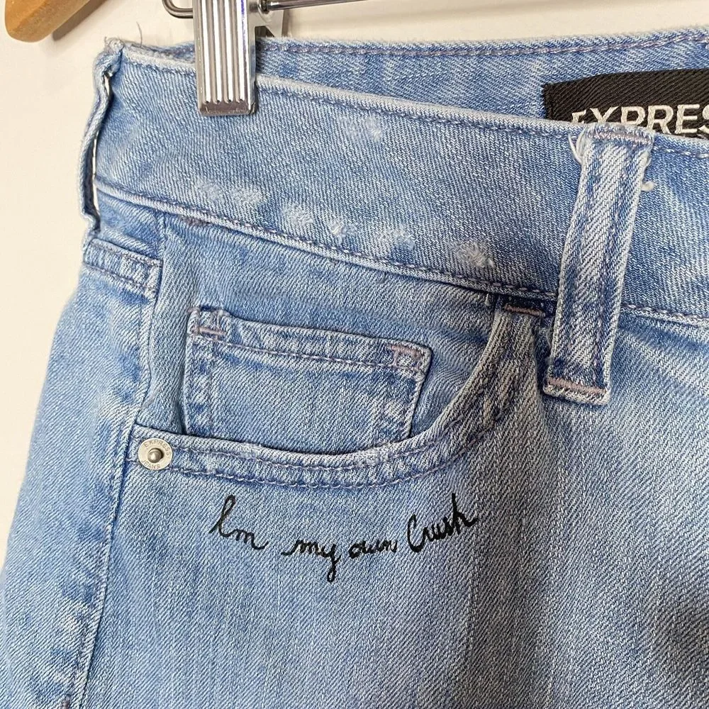 Express Cut Off Denim Shorts Size 0‎ Embroidered Floral Patch Distressed Jeans